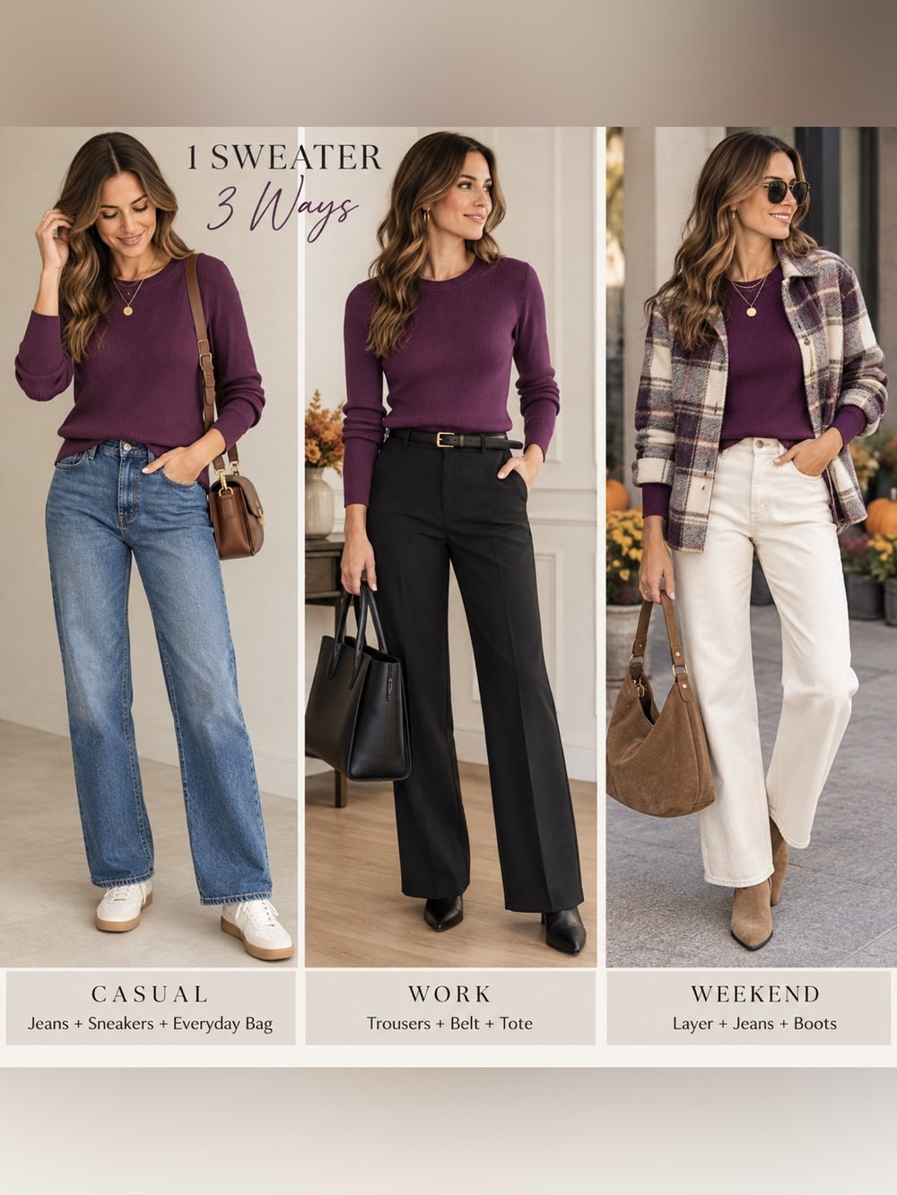 BE COOL Women's Purple Ribbed Crewneck Sweater